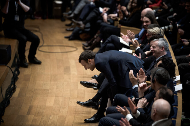 Emmanuel Macron présente la stratégie française sur l’intelligence artificielle au Collège de France, en 2018. © Arthur Nicholas Orchard / Hans Lucas via AFP