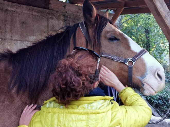 The association ‘Femmes répit’, based in the Drôme, offers women victims of domestic violence a five-day sojourn in the countryside with activities to relieve their distress, including ‘equine therapy’ which involves the soothing close contact with horses. © DR / Femmes répit