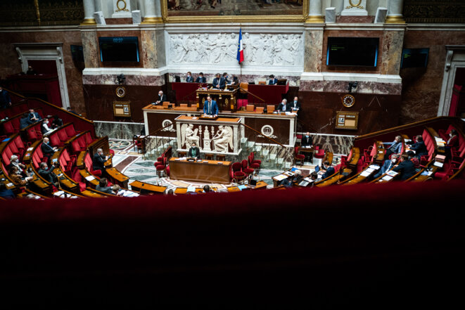 À l’Assemblée nationale, lors des débats sur le passe vaccinal, vendredi 14 janvier 2022. © Xose Bouzas / Hans Lucas via AFP