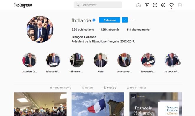 Le compte Instagram de Monsieur François Hollande : une question sur les Ovnis s'y trouverait, rapportée par le magazine Gala en avril 2021, mais que je n'ai pas retrouvée (23 janvier 2022). Instagram, une marque de Facebook. © Pierre-Gilles Bellin.