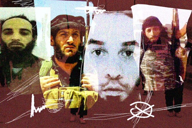 De gauche à droite, Abou Lôqman, Abou Mohammed al-Adnani, Oussama Atar et Jihadi John. © Photo montage Sébastien Calvet / Mediapart