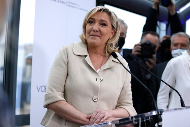Marine Le Pen lors de ses vœux à la presse, le 26 janvier 2022. © Thomas SAMSON / AFP