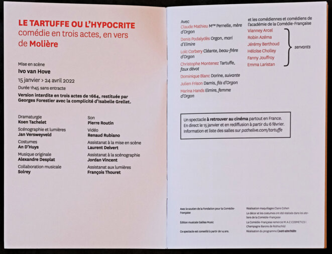 Molière Le Tartuffe Distribution Comédie-Française janvier 2022