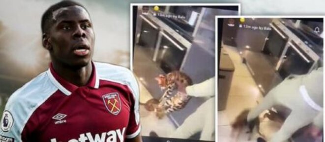 Le footballeur Kurt Zouma et les copies d'écran d'une vidéo le montrant en train de maltraiter son chat