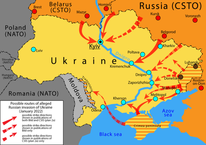 Trajectoires éventuelles d'une invasion de l'Ukraine © Wikipedia