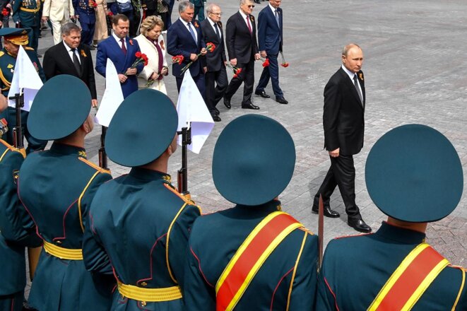 Moscou, le 9 mai 2019. Vladimir Poutine lors d’une cérémonie de dépôt de gerbes. © Photo Yuri Kadobnov / AFP