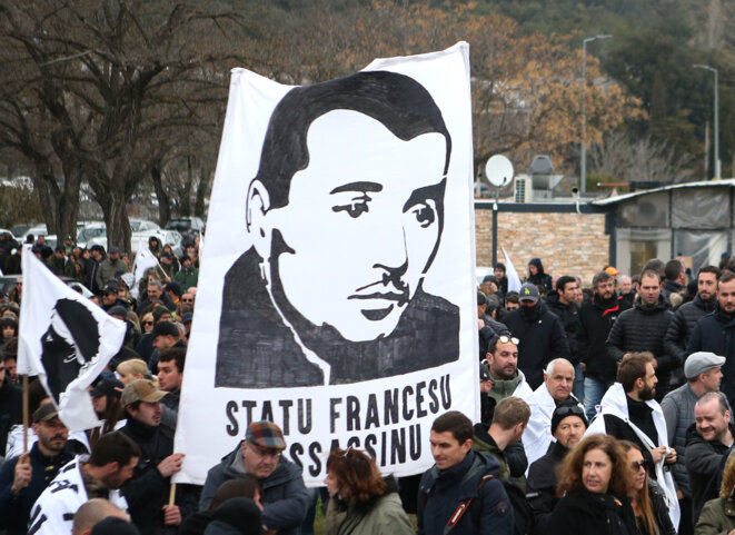 Manifestation de soutien à Yvan Colonna, le 6 mars 2022, à Corte. © Photo Pascal Pochard-Casabianca / AFP