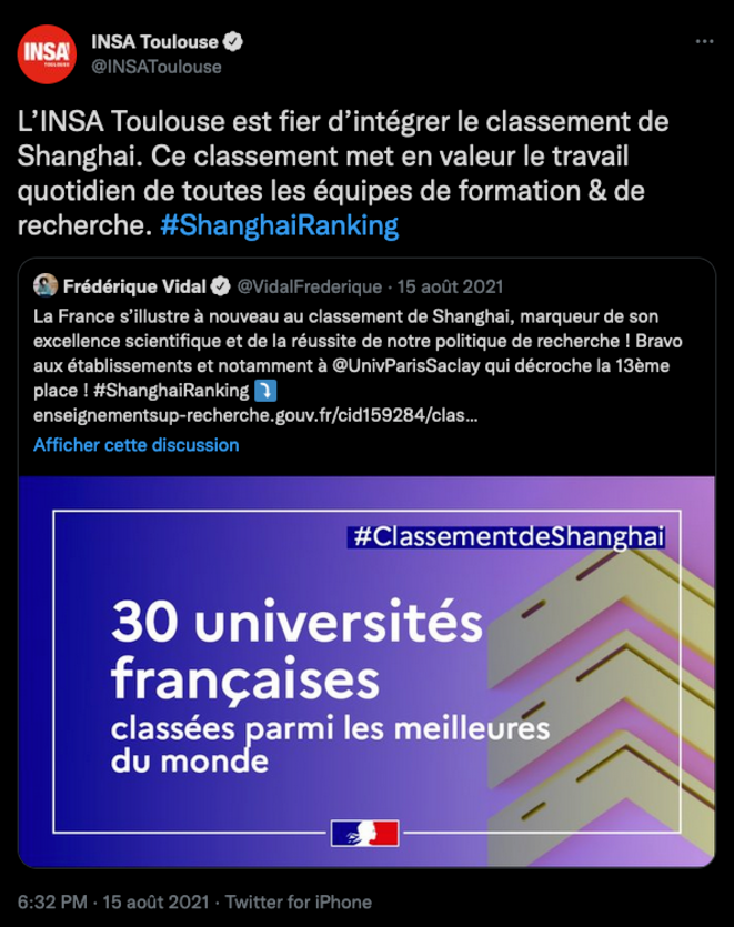 Figure 5 : Tweet de l'INSA Toulouse exprimant la fierté d'intégrer le classement de Shanghai