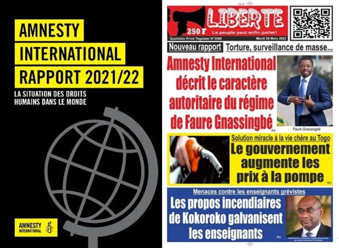 La une du Journal Liberté relate les conclusions pour le Togo du rapport Amnesty-International 2021-2022 sur La situation des droits humains dans le monde