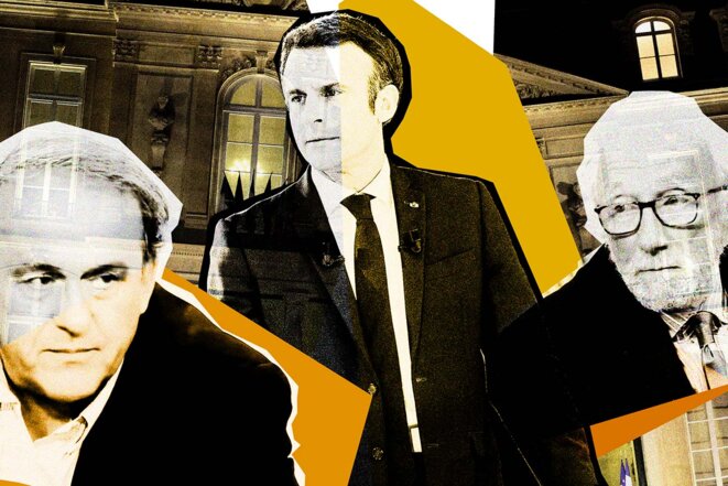 Michel Platini, Emmanuel Macron et Jacques Vendroux © Photo Illustration Sébastien Calvet / Mediapart