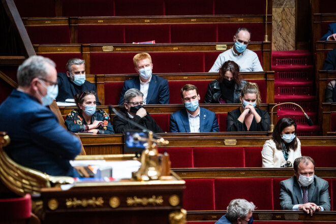 Les députés France Insoumise sur les bancs de l'Assemblée nationale, en novembre 2021. © Photo Frédéric Scheiber / Hans Lucas via AFP