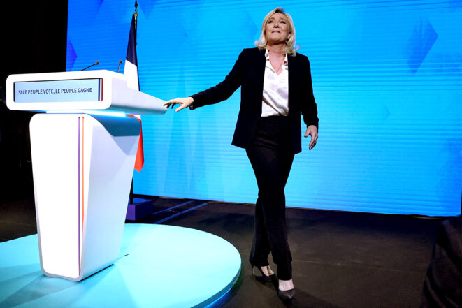 Marine Le Pen après les premiers résultats du premier tour de l'élection présidentielle à Paris, le 10 avril 2022. © Photo Thomas Samson / AFP