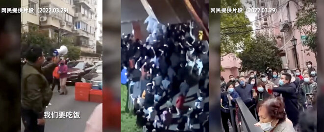 Captures d’écrans de vidéos montrant des manifestation de la population de Shanghai, en Chine, en raison de la pénurie de nourriture. © Mediapart