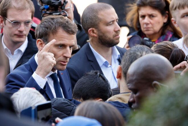 Emmanuel Macron à Denain (Nord), le 11 avril 2022. © Photo Ludovic Marin / AFP