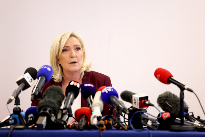 Marine Le Pen lors de sa conférence de presse à Vernon, le 12 avril 2022. © Photo Thomas Samson / AFP