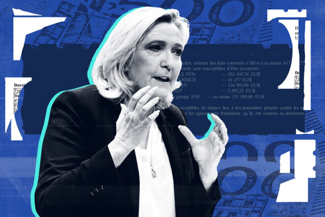 Marine Le Pen est personnellement accusée d'avoir détourné de l'argent public européen. © Photos AFP/Montage Simon Toupet (Mediapart)