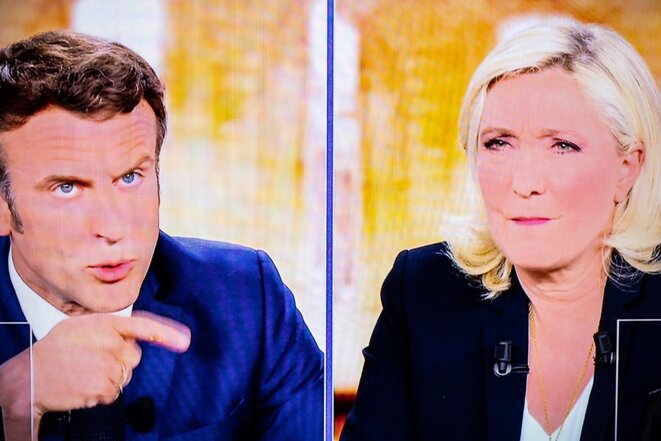 Débat entre Emmanuel Macron et Marine Le Pen, le 20 avril 2022. © Photo Sébastien Calvet / Mediapart