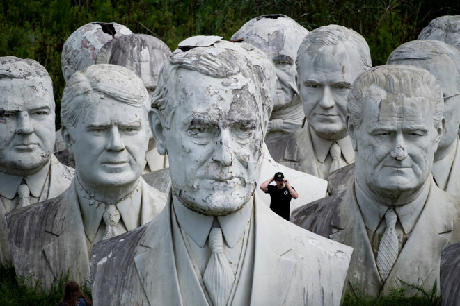 Un buste de Woodrow Wilson, au premier rang, avec ceux d’autres présidents américains à Williamsburg, en Virginie, le 25 août 2019. © Photo Brendan Smialowski/AFP