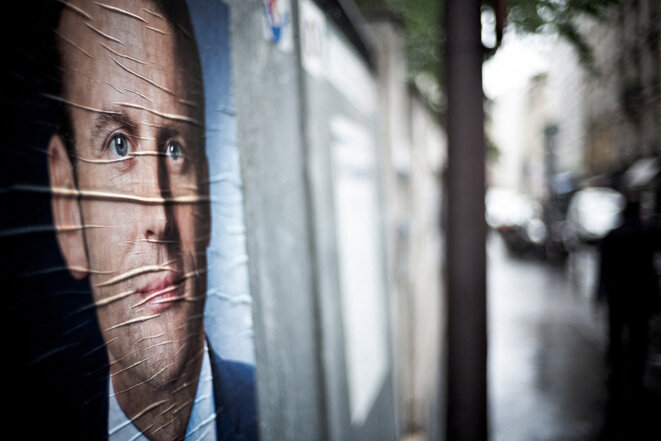An Emmanuel Macron Election poster in Paris, 2017. © Photo Arthur Nicholas Orchard / Hans Lucas via AFP