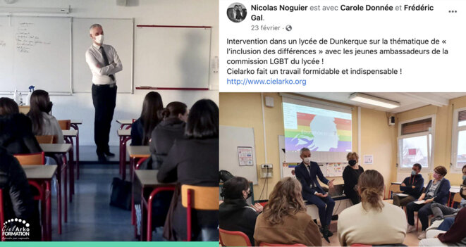 Photos postées sur Facebook montrant Frédéric Gal lors d’intervention en milieu scolaire en février 2022. © Facebook de Nicolas Noguier et Frédéric Gal