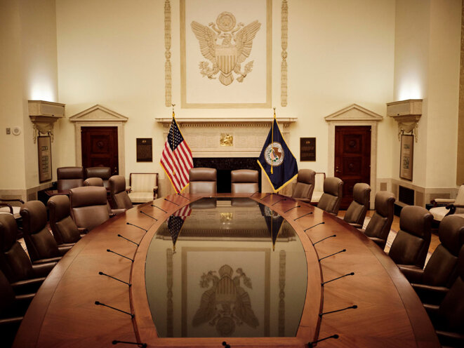 La salle du Conseil de la Réserve fédérale américaine à Washington, en octobre 2020. © Photo T.J. Kirkpatrick / Redux / REA