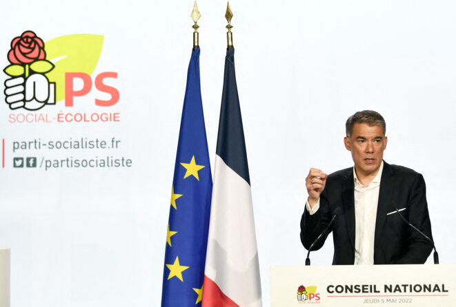 Le premier secrétaire du PS Olivier Faure au conseil national, le 5 mai, à Ivry-sur-Seine. © Photo Stéphane de Sakutin / AFP