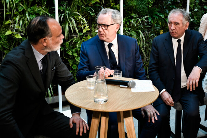 Édouard Philippe, Richard Ferrand et François Bayrou le 5 mai 2022 à Paris. © Photo Stéphane de Sakutin / AFP