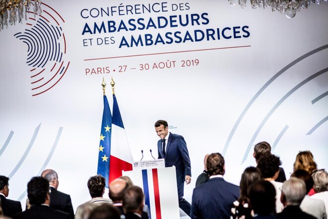 Paris, le 28 aout 2019. Emmanuel Macron pendant la conférence des ambassadeurs et ambassadrices, au Palais de l'Elysée. © Photo Denis Allard  / REA