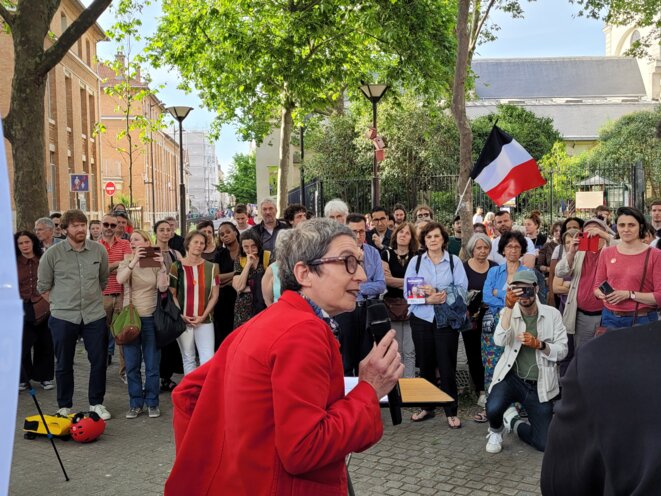 Caroline Mecary lors du lancement de sa campagne, le 14 mai 2022 à Paris. © Photo Mathieu Dejean / Mediapart