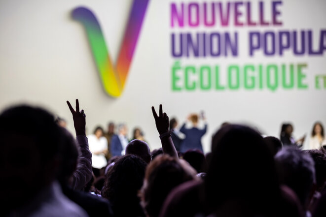 Lors de la convention de l’union populaire écologique et sociale à Aubervilliers, le 7 mai 2022. © Photo Sébastien Calvet / Mediapart