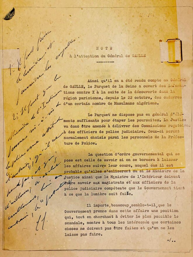 The November 6th 1961 advisory note written by Bernard Tricot on which features the hand-written reply from Charles de Gaulle. © Archives nationales