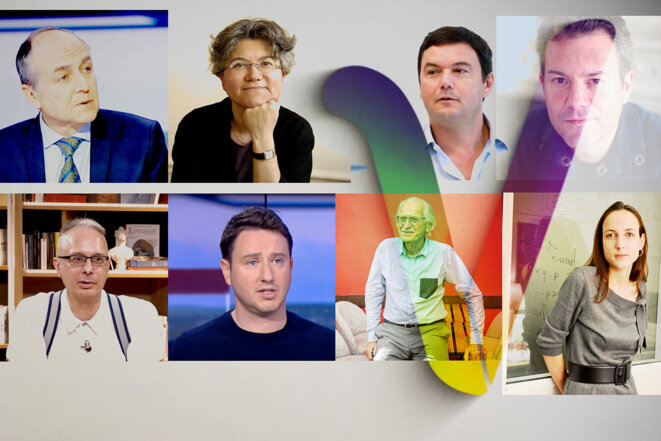 Jacques Généreux, Dominique Méda, Thomas Piketty, Éloi Laurent, Bruno Amable, Gabriel Zucman, Bernard Friot, Julia Cagé. © Photomontage Mediapart