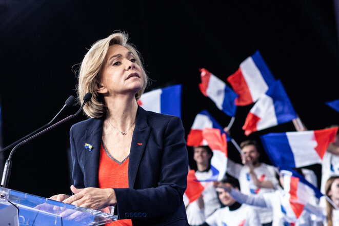 Valérie Pécresse pendant la campagne présidentielle à Paris, le 3 avril 2022. © Photo Sébastien Calvet / Mediapart