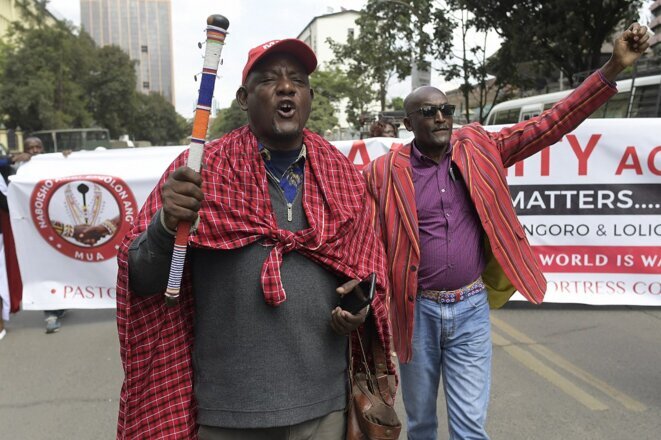 A demonstration in Nairobi, Kenya, on June 17th 2022, against the enforced eviction of the Maasai people in neighbouring Tanzania. © Photo Tony Karumba/AFP