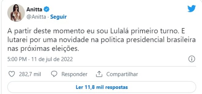 Anitta apporte son soutien au pré-candidat Lula sur Twitter © Twitter