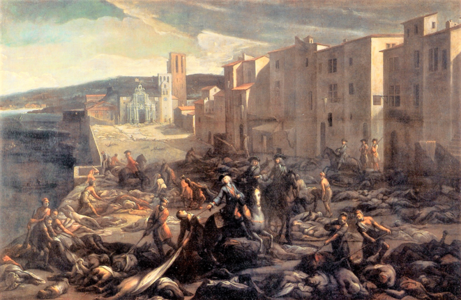 Scène de la peste de 1720 à la Tourette, par Michel Serre, représentant l’inhumation par la compagnie du Chevalier Roze des cadavres de la peste ayant touché Marseille malgré les mesures de quarantaine.