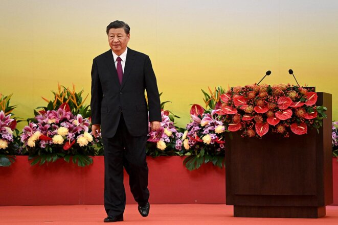 Xi Jinping lors de la cérémonie d'investiture du nouveau gouvernement de Hong Kong, le 1er juillet 2022. © Photo Sélim Chtayti / Pool / AFP
