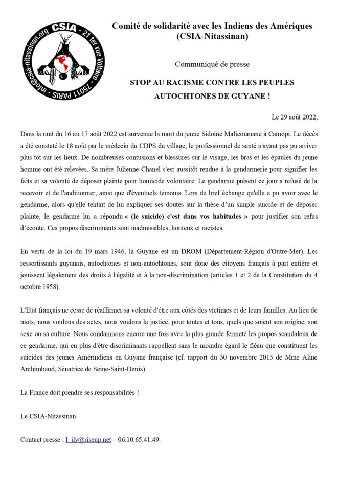 Stop au racisme contre les peuples autochtones de Guyane