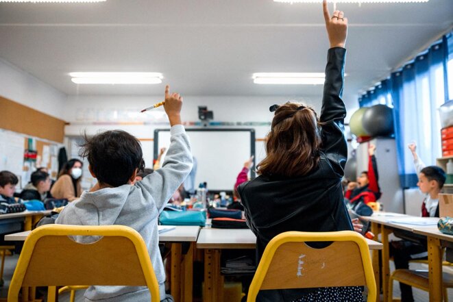 Dans une classe de primaire de Perpignan en avril 2022. © Photo Arnaud Le Vu / Hans Lucas via AFP