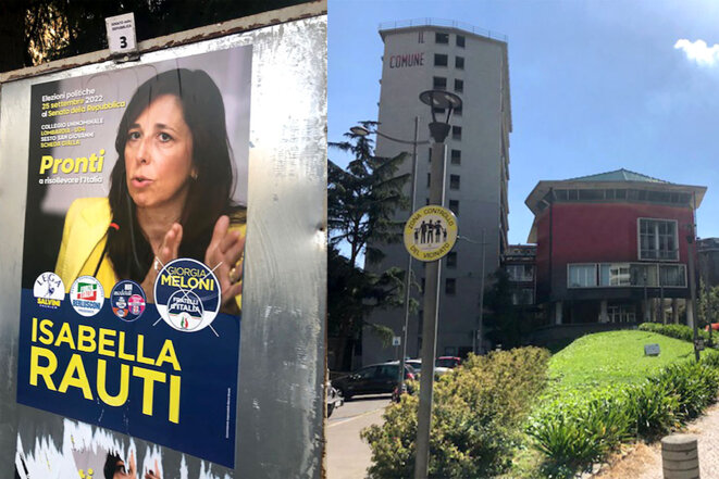Une affiche de campagne d’Isabella Rauti et la mairie de Sesto San Giovanni. © Photos Romaric Godin / Mediapart
