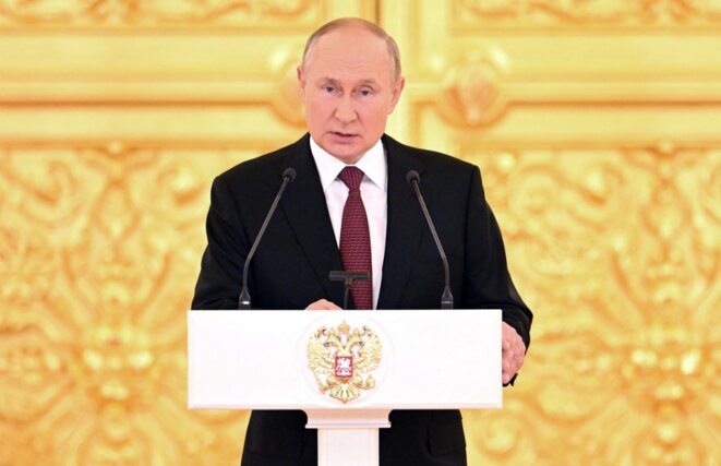 Le président russe Vladimir Poutine lors d’un discours au Kremlin, le 20 septembre. © Photo Pavel Bednyakov / Sputnik via AFP