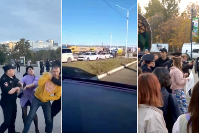 Manifestations à Tomsk et Ekaterinbourg. File de voitures à la frontière avec le Kazakhstan. © Captures d’écrans de vidéos Twitter