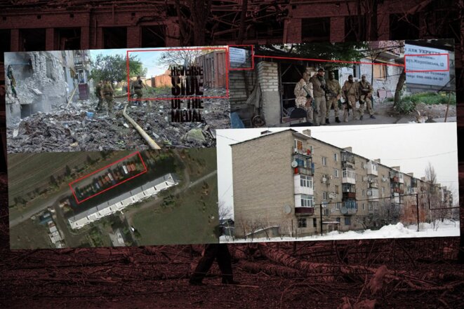 Photos du siège de « Wagner PMC » à Popasna parues dans un journal russe puis le même bâtiment touché par des frappes ukrainiennes. © Compte Twitter de Mark Krutov