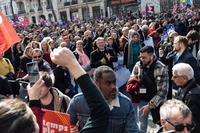 Jean-Luc Mélenchon lors de la marche des libertés à paris, le 20 mars 2022. © Photo Sébastien Calvet / Mediapart