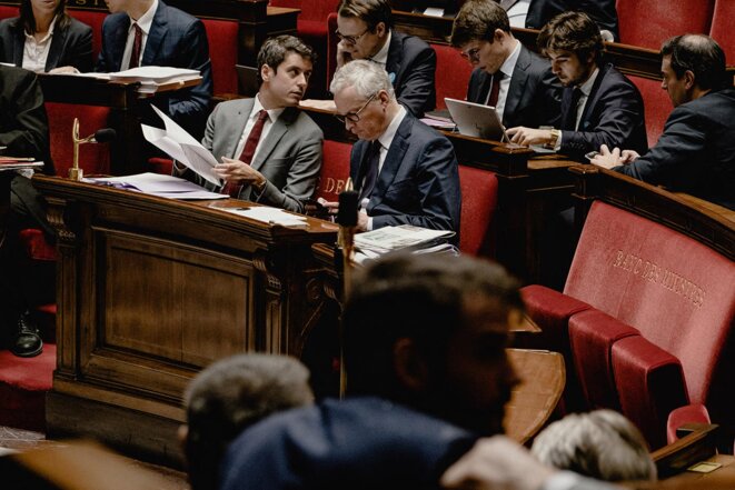 Bruno Le Maire et Gabriel Attal à l’Assemblée nationale, le 13 octobre 2022. © Photo Maxime Gruss / Hans Lucas via AFP