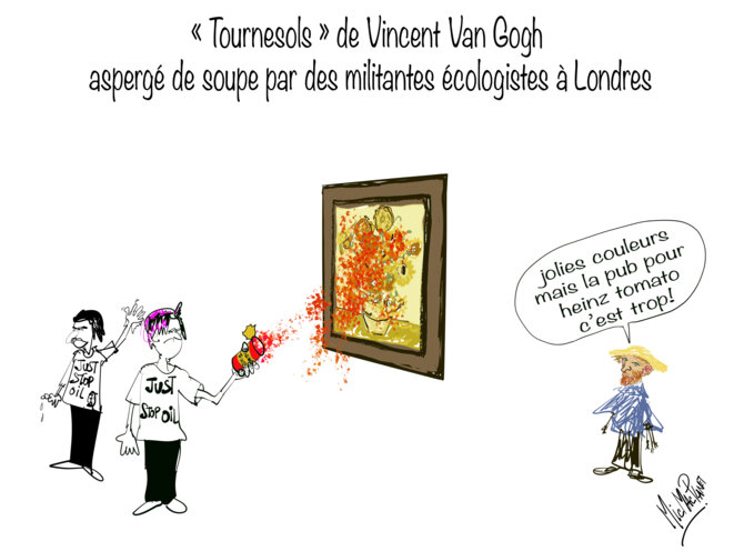 Tournesols de Vincent Van Gogh  aspergé de soupe par des militantes écologistes