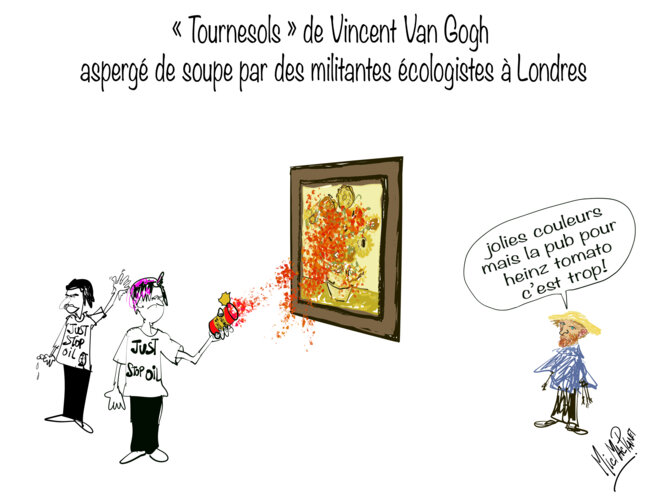 « Tournesols » de Vincent Van Gogh  aspergé de soupe par des militantes écologistes à Londres © Micmacplanet