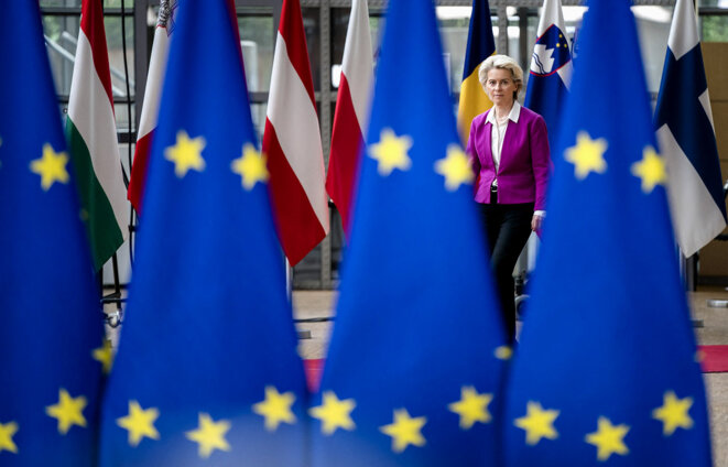 La présidente de la Commission européenne, Ursula von der Leyen, avant une réunion du Conseil européen, à Bruxelles, le 30 mai 2022. © Photo Bart Maat / ANP mag via AFP