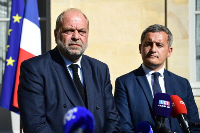 Éric Dupond-Moretti et Gérald Darmanin, ministres de l'intérieur et de la justice, en juillet 2022. © Photo : Bertrand Guay / AFP