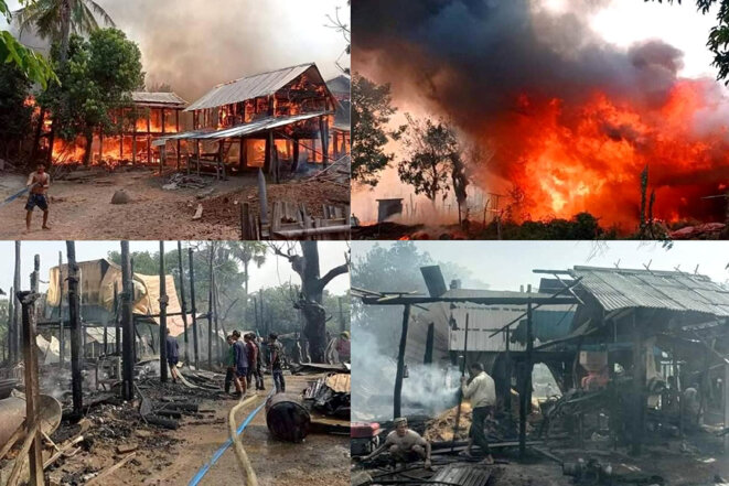 Des maisons brûlées dans les régions de Sagaing et Magway par l’armée birmane au Myanmar. © Photos SSR104 / Visual Rebellion Myanmar